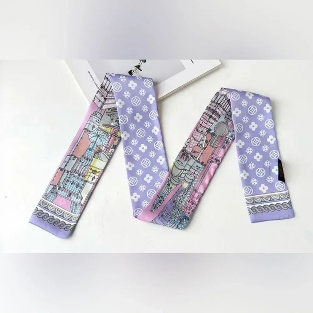 Designer-Style French-Girl Purple & Pink City-Scape Blossom Print Twilly Scarf